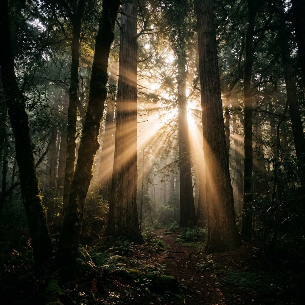 Luz del sol atravesando el bosque